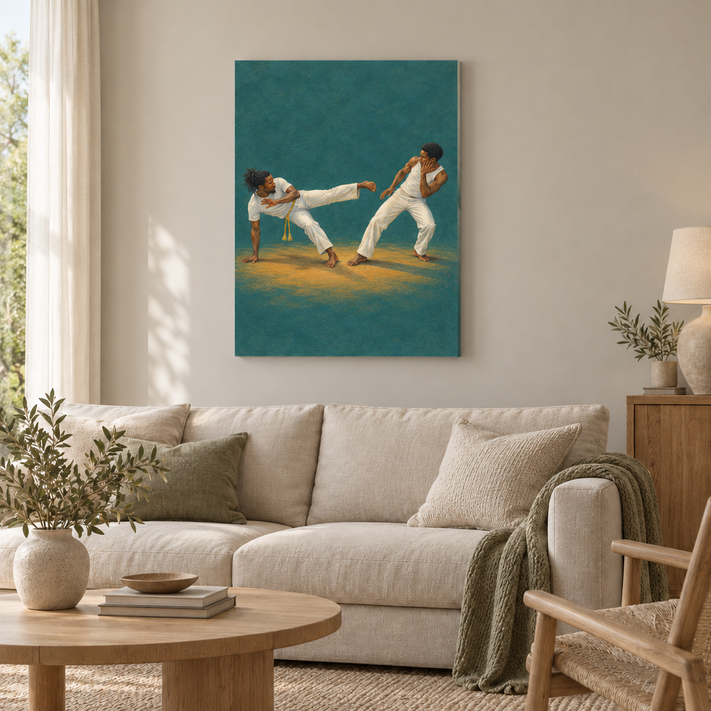 Capoeira – Bewegung aus Bahia | Wandbild als rahmenlose Slim-Leinwand über einem cremefarbenen Sofa im Wohnzimmer.