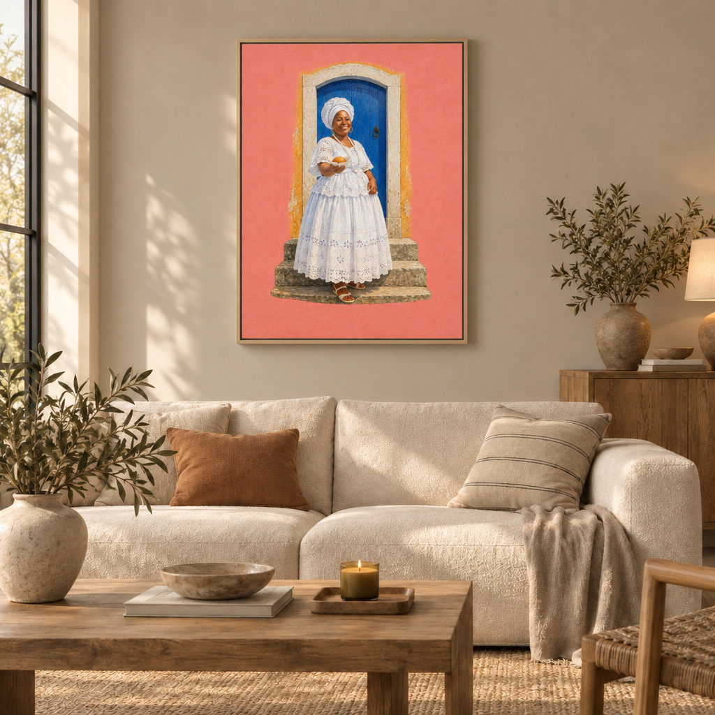 Salvador – Ein Gruß aus Bahia | Wandbild als Leinwand im Naturholz-Schattenfugenrahmen über einem cremefarbenen Sofa im Wohnzimmer.