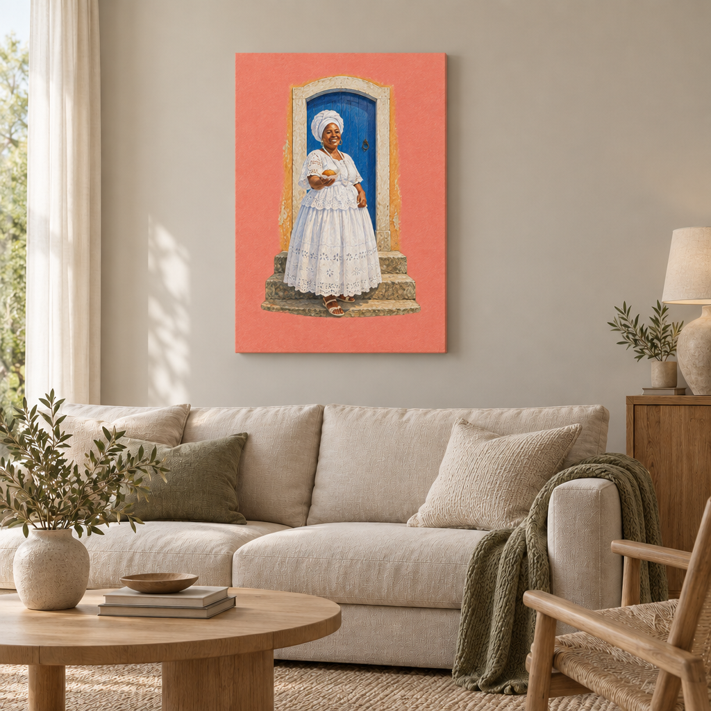 Salvador – Ein Gruß aus Bahia | Wandbild als rahmenlose Slim-Leinwand über einem cremefarbenen Sofa im Wohnzimmer.
