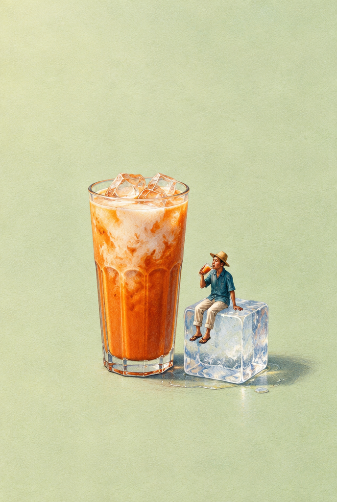 Gezeichnetes Glas orangefarbener Thai-Eistee mit einem kleinen Mann auf einem Eiswürfel vor pistaziengrünem Hintergrund