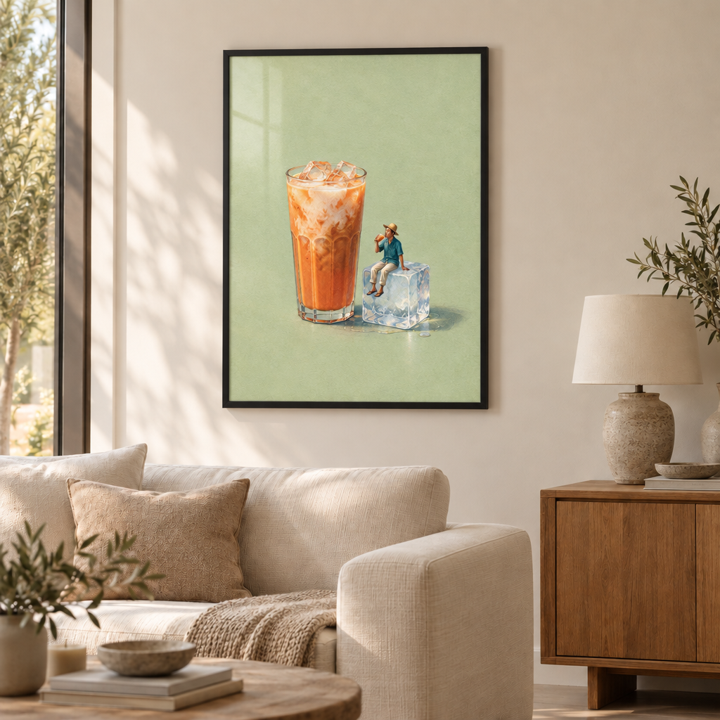Gezeichnetes Glas orangefarbener Thai-Eistee mit einem kleinen Mann auf einem Eiswürfel vor pistaziengrünem Hintergrund – Poster mit schwarzem Rahmen