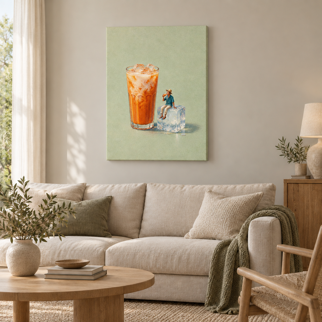 Gezeichnetes Glas orangefarbener Thai-Eistee mit einem kleinen Mann auf einem Eiswürfel vor pistaziengrünem Hintergrund – Slim Canvas rahmenlos im Wohnzimmer