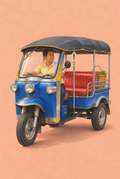 Blaues thailändisches Tuk-Tuk mit Fahrer, roter Sitzbank und Jasmingirlande auf pfirsichfarbenem Hintergrund