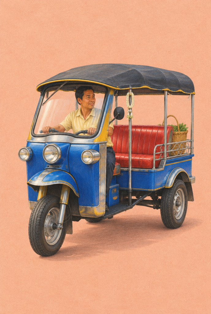 Blaues thailändisches Tuk-Tuk mit Fahrer, roter Sitzbank und Jasmingirlande auf pfirsichfarbenem Hintergrund