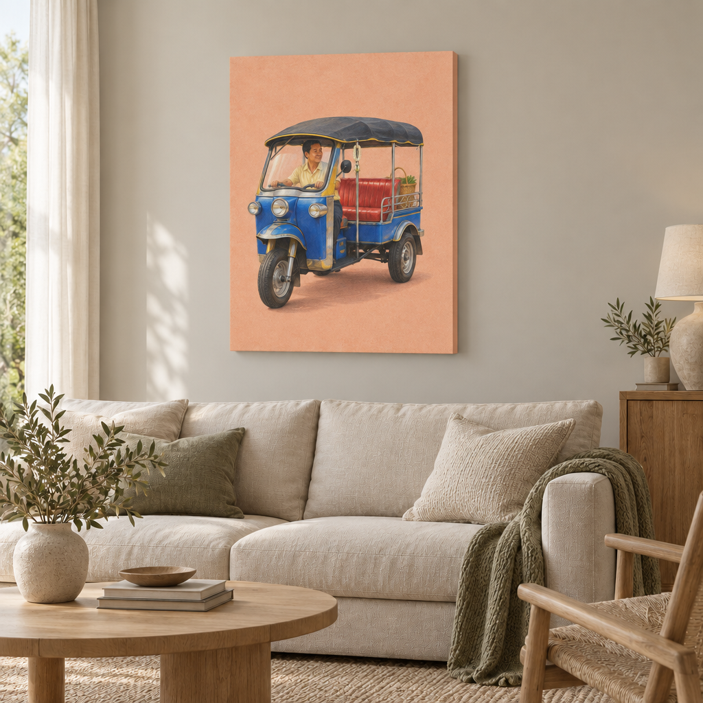 Blaues thailändisches Tuk-Tuk mit Fahrer, roter Sitzbank und Jasmingirlande auf pfirsichfarbenem Hintergrund – Slim Canvas rahmenlos im Wohnzimmer
