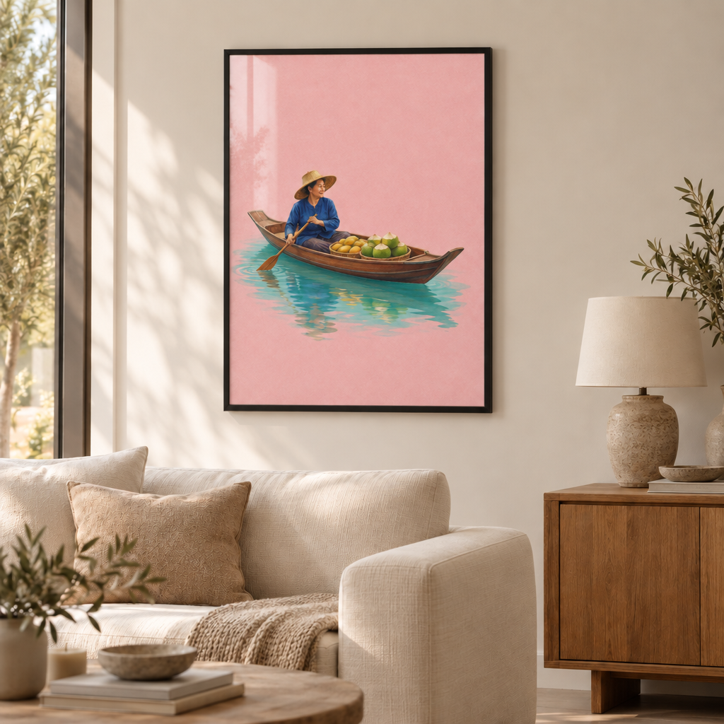 Gezeichnete thailändische Händlerin mit Strohhut und Obstkörben in einem Holzboot auf türkisem Wasser vor rosa Hintergrund – Poster mit schwarzem Rahmen