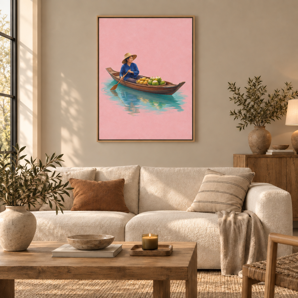 Gezeichnete thailändische Händlerin mit Strohhut und Obstkörben in einem Holzboot auf türkisem Wasser vor rosa Hintergrund – Leinwand im Naturholzrahmen