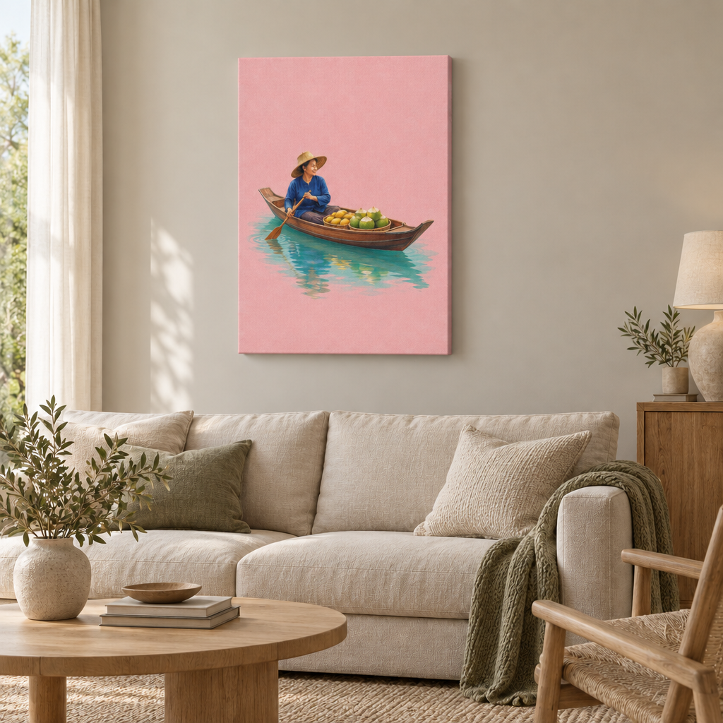Gezeichnete thailändische Händlerin mit Strohhut und Obstkörben in einem Holzboot auf türkisem Wasser vor rosa Hintergrund – Slim Canvas rahmenlos im Wohnzimmer