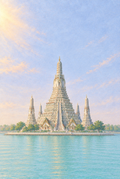 Gezeichnete helle Prang-Türme des Wat Arun mit kleineren Nebentürmen vor fliederblauem Himmel und türkisem Wasser