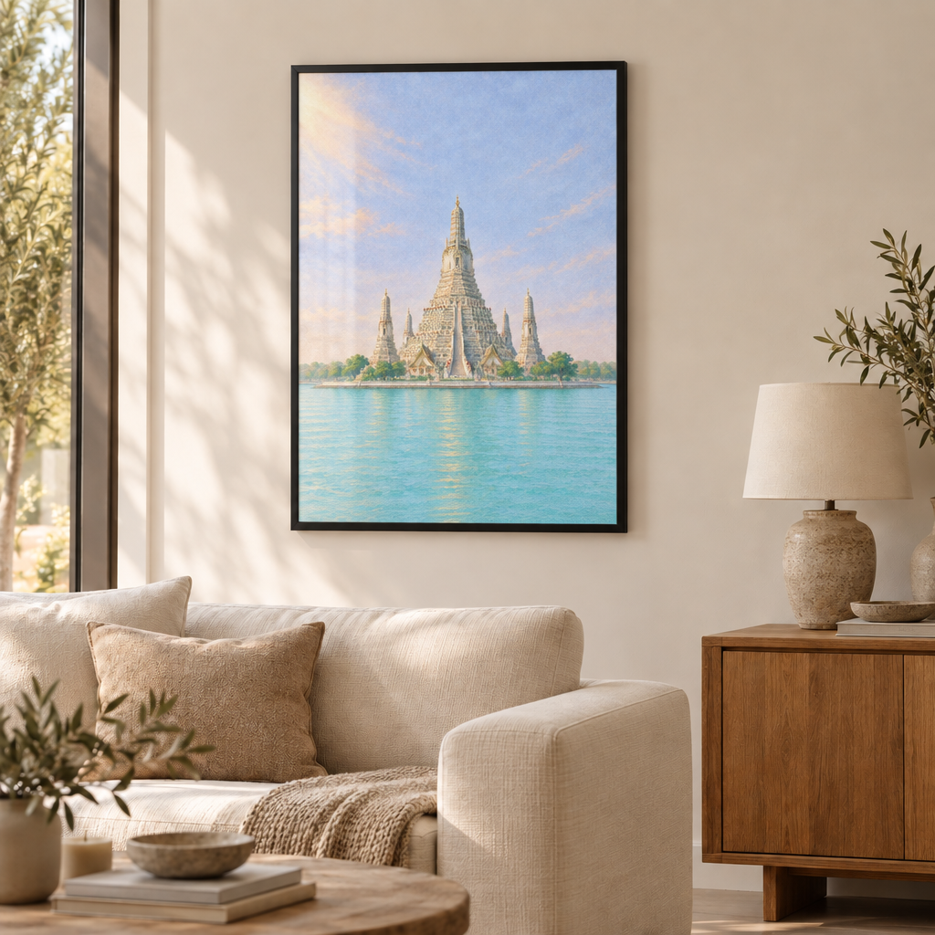 Gezeichnete helle Prang-Türme des Wat Arun mit kleineren Nebentürmen vor fliederblauem Himmel und türkisem Wasser – Poster mit schwarzem Rahmen