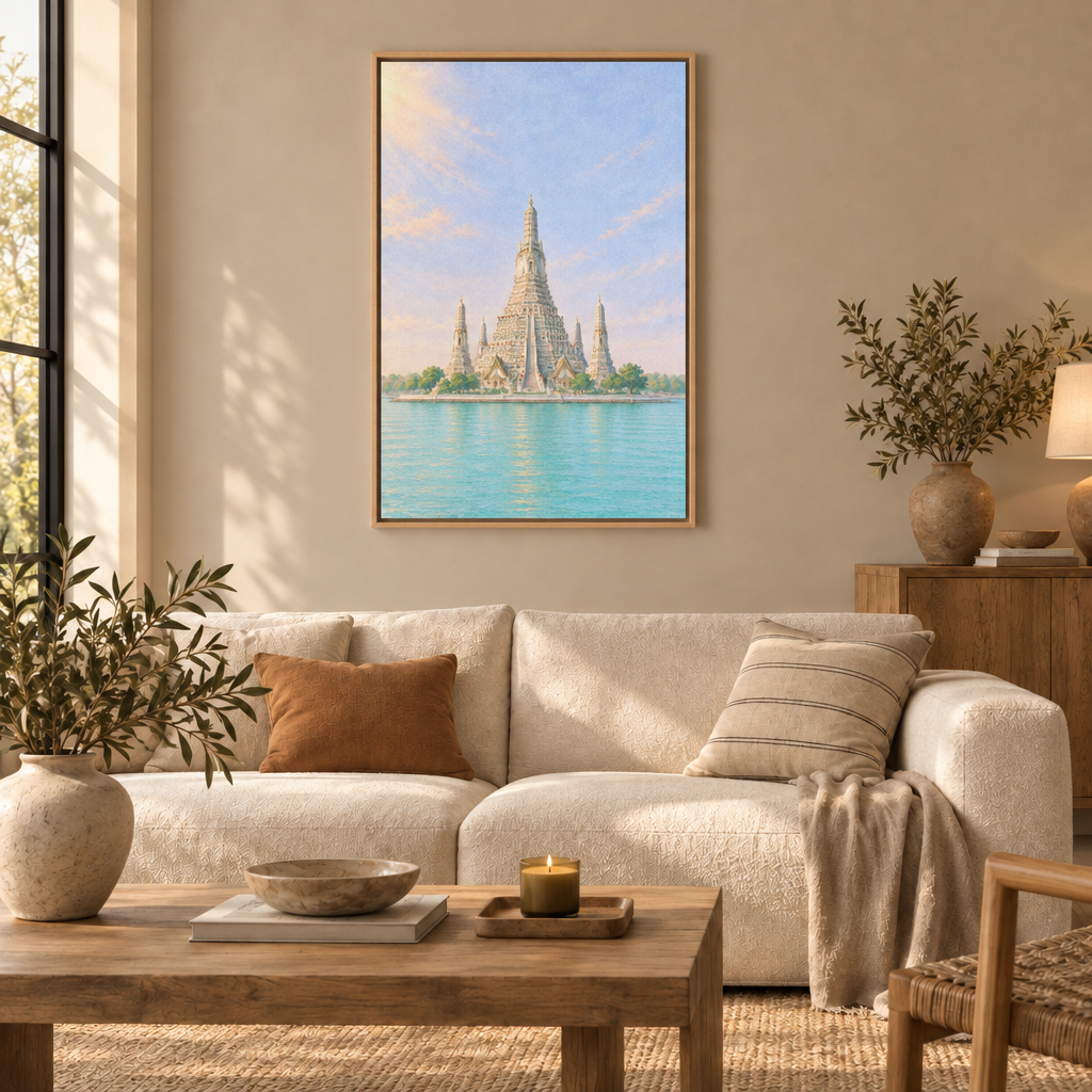 Gezeichnete helle Prang-Türme des Wat Arun mit kleineren Nebentürmen vor fliederblauem Himmel und türkisem Wasser – Leinwand im Naturholzrahmen