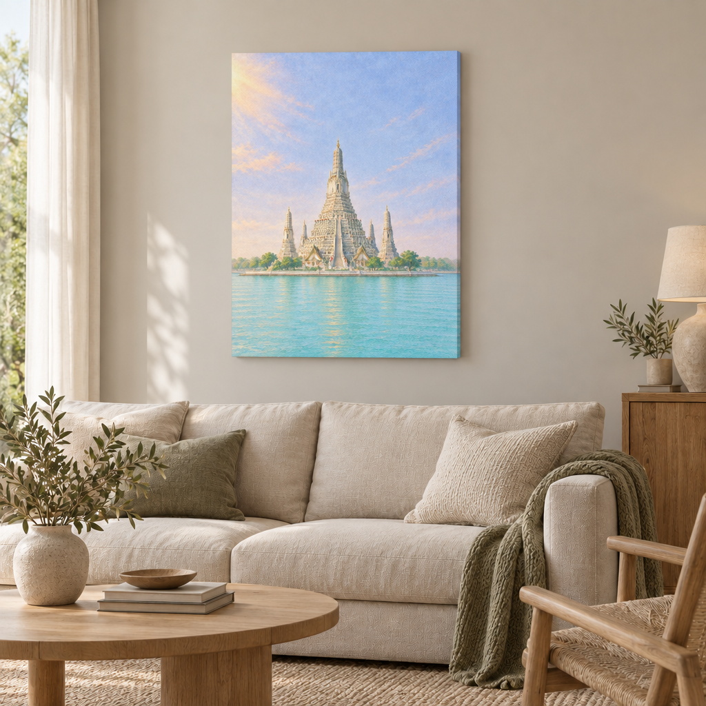 Gezeichnete helle Prang-Türme des Wat Arun mit kleineren Nebentürmen vor fliederblauem Himmel und türkisem Wasser – Slim Canvas rahmenlos im Wohnzimmer