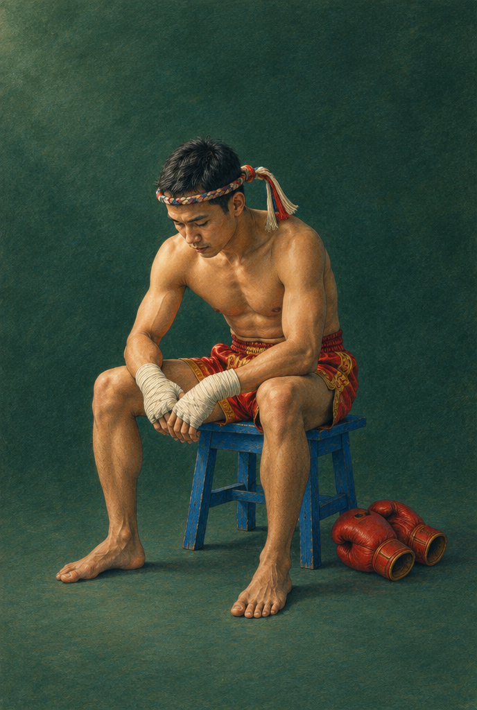 Sitzender Muay-Thai-Kämpfer mit roten Shorts, bandagierten Händen und Mongkhon-Stirnband vor dunkelgrünem Hintergrund