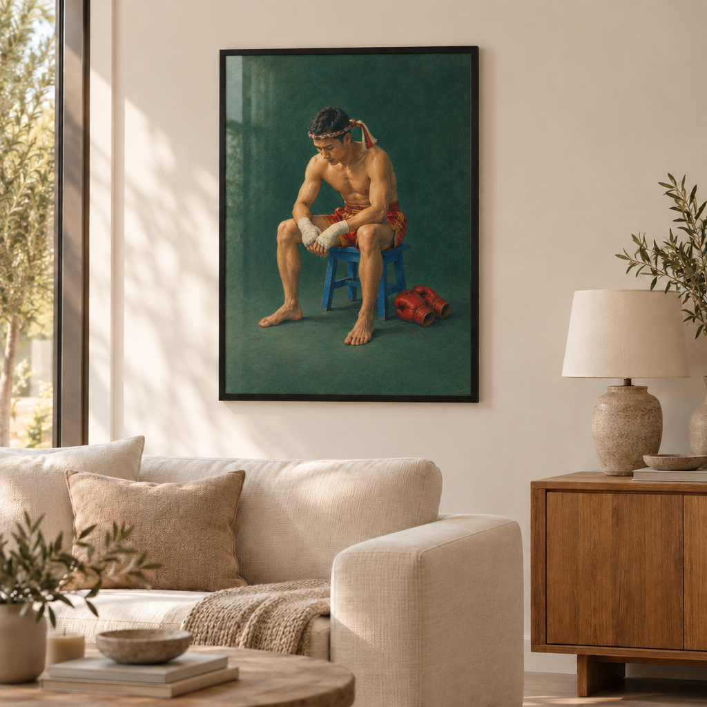 Sitzender Muay-Thai-Kämpfer mit roten Shorts, bandagierten Händen und Mongkhon-Stirnband vor dunkelgrünem Hintergrund – Poster mit schwarzem Rahmen