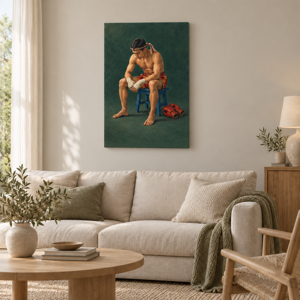 Sitzender Muay-Thai-Kämpfer mit roten Shorts, bandagierten Händen und Mongkhon-Stirnband vor dunkelgrünem Hintergrund – Slim Canvas rahmenlos im Wohnzimmer