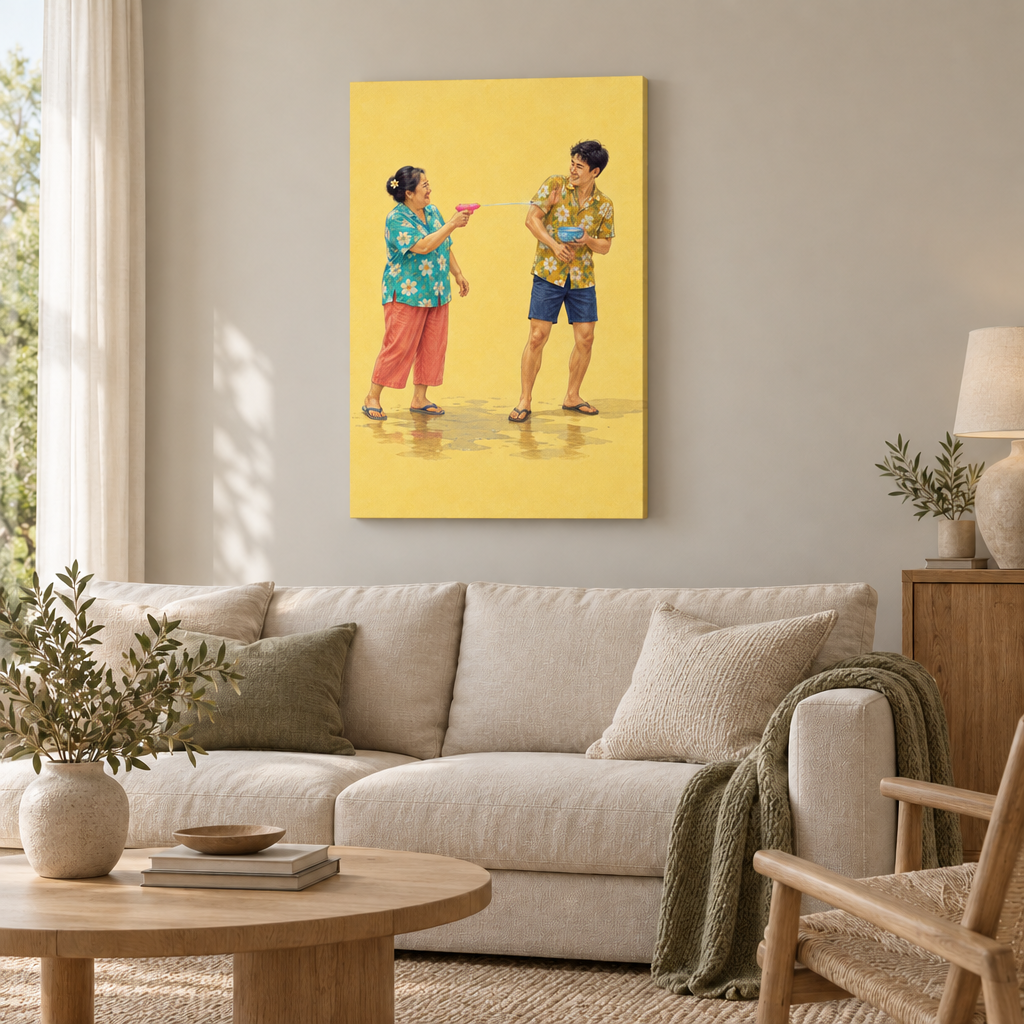 Zwei Erwachsene in bunten Blumenhemden beim thailändischen Songkran-Wasserfest mit Wasserpistole und blauer Schale – Slim Canvas rahmenlos im Wohnzimmer