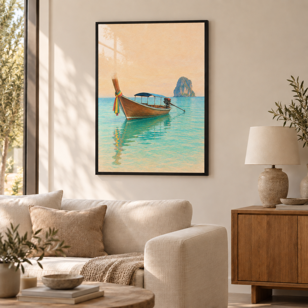 Gezeichnetes thailändisches Langheckboot mit bunten Schleifen, Heckmotor und fernem Kalksteinfelsen auf türkisem Wasser – Poster mit schwarzem Rahmen