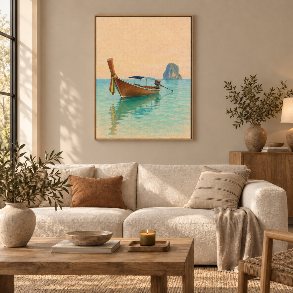 Gezeichnetes thailändisches Langheckboot mit bunten Schleifen, Heckmotor und fernem Kalksteinfelsen auf türkisem Wasser – Leinwand im Naturholzrahmen