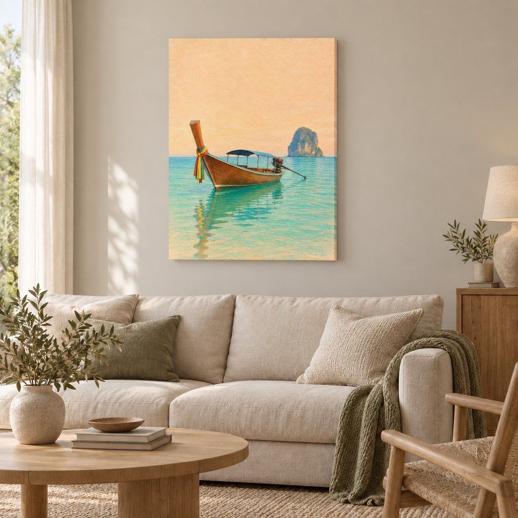 Gezeichnetes thailändisches Langheckboot mit bunten Schleifen, Heckmotor und fernem Kalksteinfelsen auf türkisem Wasser – Slim Canvas rahmenlos im Wohnzimmer
