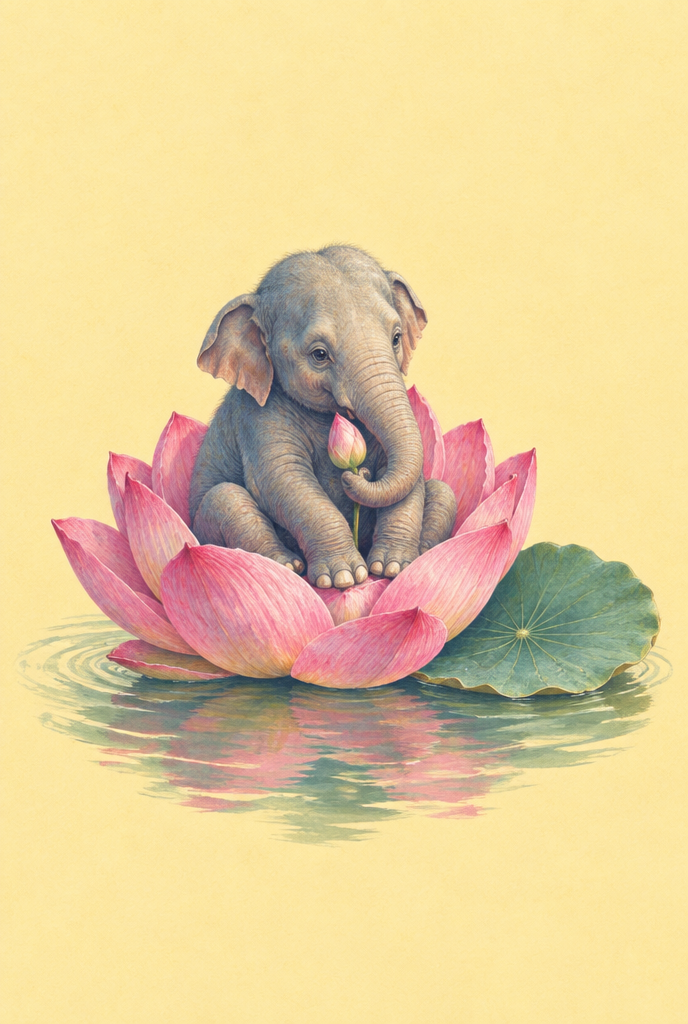 Gezeichneter asiatischer Elefant auf einer großen rosa Lotusblüte in ruhigem salbeigrünem Wasser vor hellgelbem Hintergrund