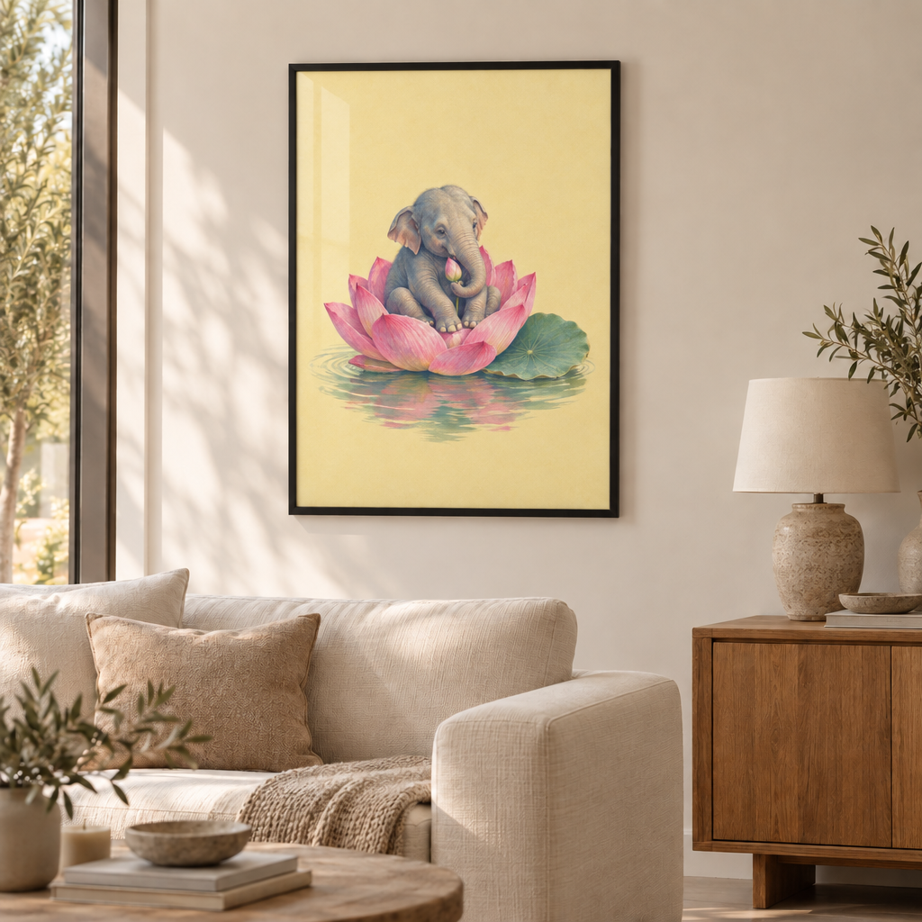Gezeichneter asiatischer Elefant auf einer großen rosa Lotusblüte in ruhigem salbeigrünem Wasser vor hellgelbem Hintergrund – Poster mit schwarzem Rahmen