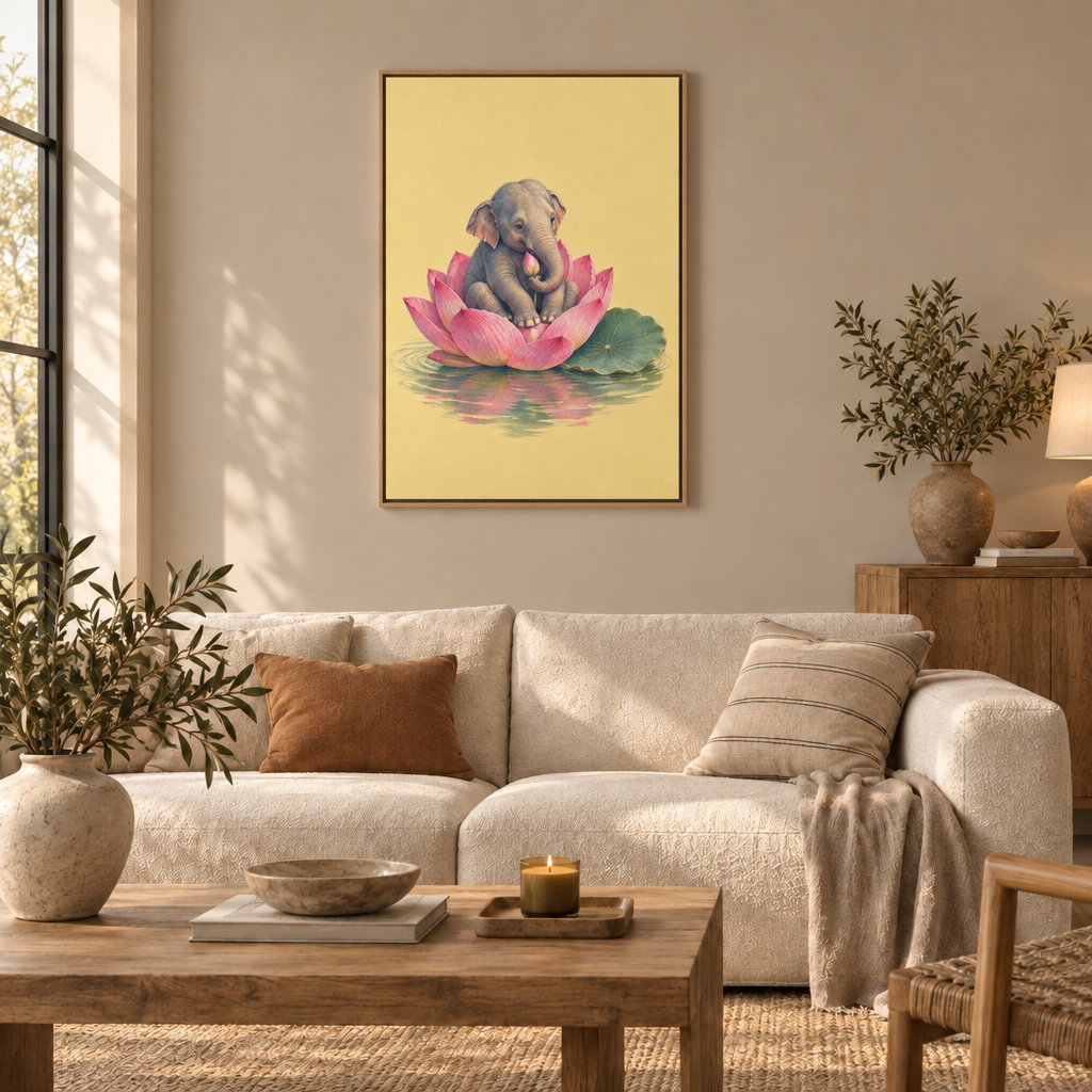 Gezeichneter asiatischer Elefant auf einer großen rosa Lotusblüte in ruhigem salbeigrünem Wasser vor hellgelbem Hintergrund – Leinwand im Naturholzrahmen
