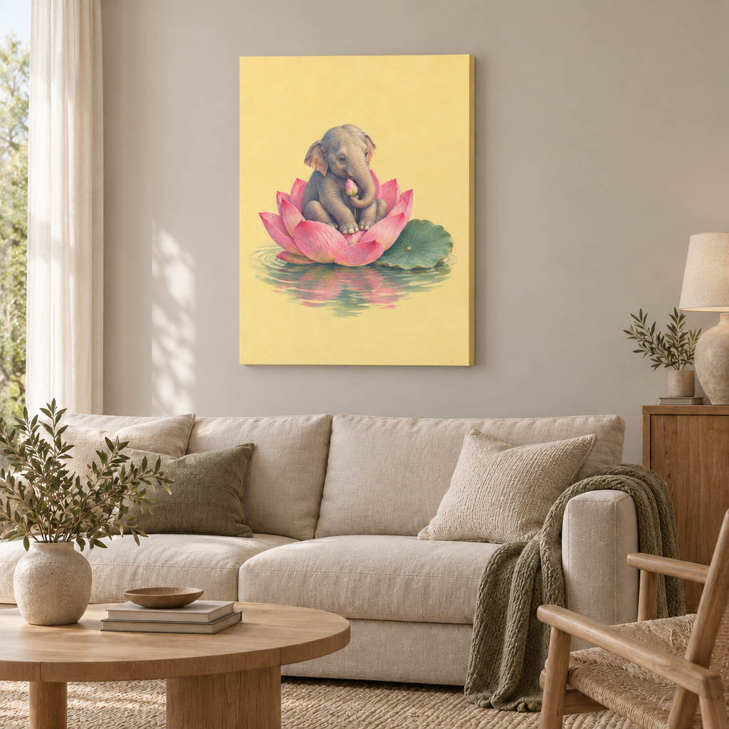 Gezeichneter asiatischer Elefant auf einer großen rosa Lotusblüte in ruhigem salbeigrünem Wasser vor hellgelbem Hintergrund – Leinwand ohne Rahmen