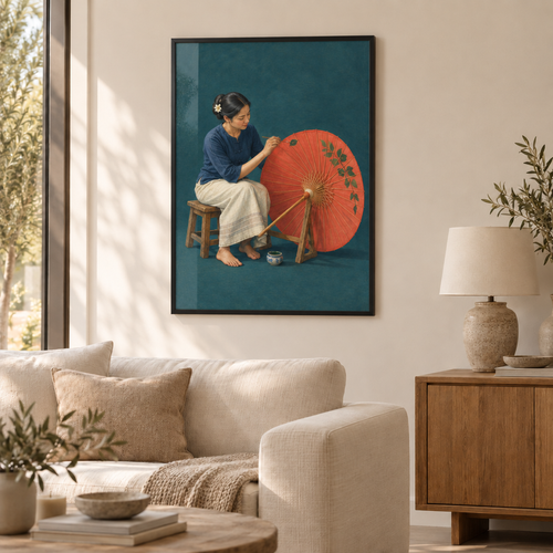 Thailändische Kunsthandwerkerin in indigoblauer Bluse beim Bemalen eines korallroten Papierschirms vor dunkeltürkisem Hintergrund – Poster mit schwarzem Rahmen