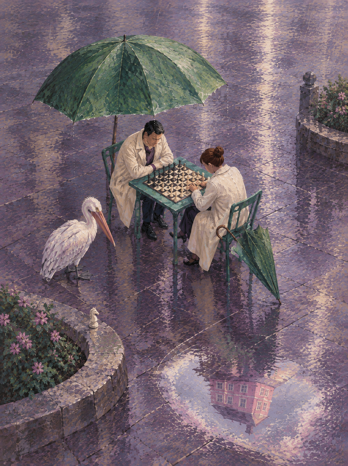 Das Schachspiel im Regen – Kunstmotiv ohne Rahmen.