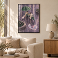 Das Schachspiel im Regen – Poster im schwarzen Holzrahmen im Wohnzimmer, ohne Weißrand.