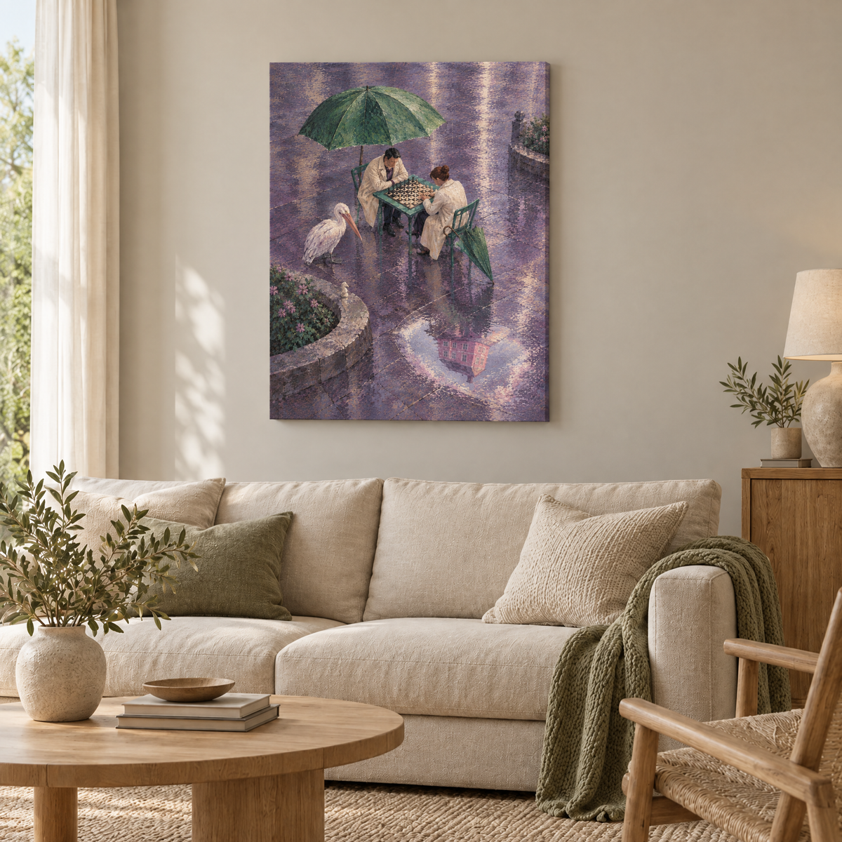 Das Schachspiel im Regen – Rahmenlose Slim-Leinwand im Wohnzimmer, ohne Weißrand.