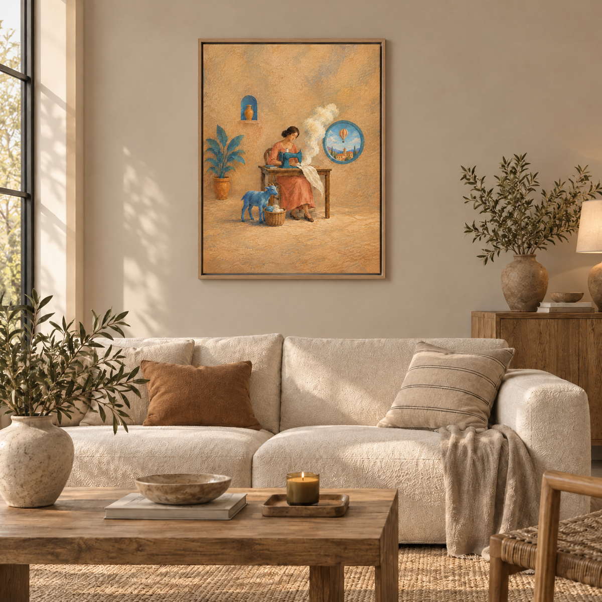 Die Schneiderin der Wolken – Leinwand im Naturholz-Schattenfugenrahmen im Wohnzimmer, ohne Weißrand.