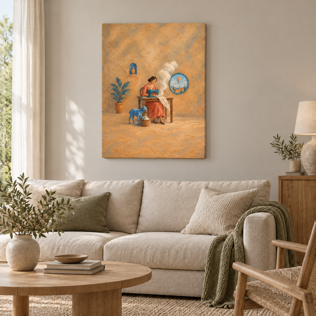 Die Schneiderin der Wolken – Rahmenlose Slim-Leinwand im Wohnzimmer, ohne Weißrand.