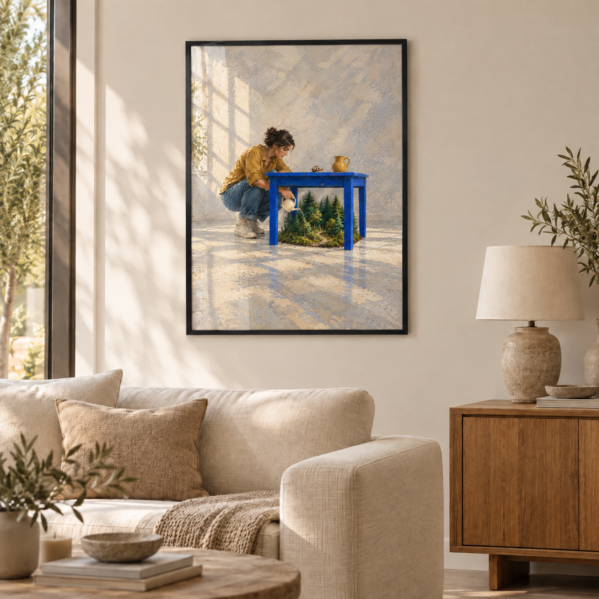 Der Garten unter dem Tisch – Poster im schwarzen Holzrahmen im Wohnzimmer, ohne Weißrand.