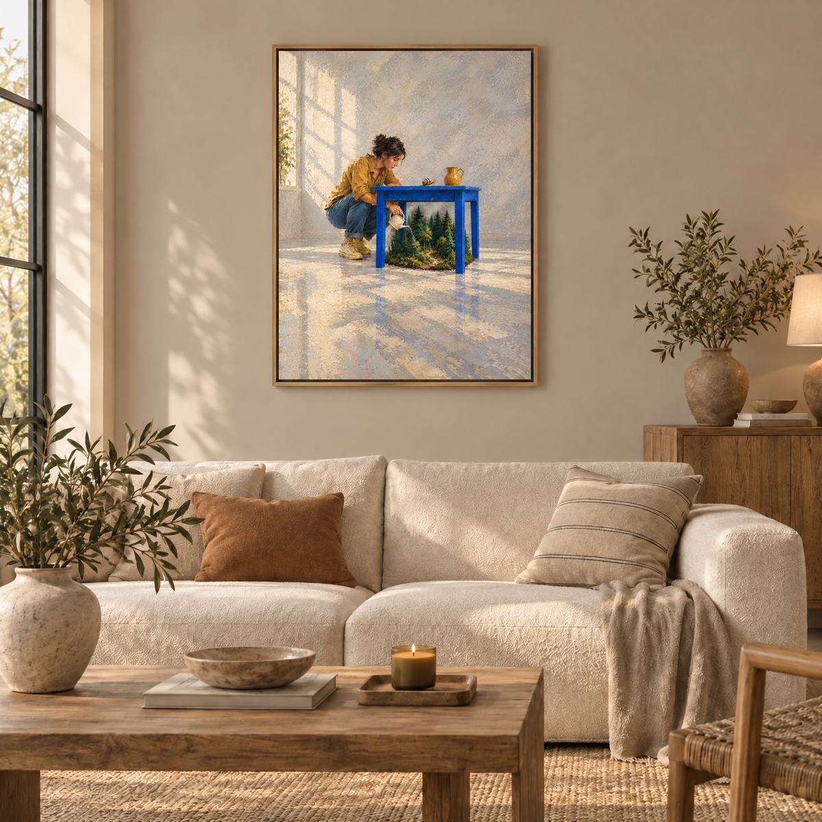 Der Garten unter dem Tisch – Leinwand im Naturholz-Schattenfugenrahmen im Wohnzimmer, ohne Weißrand.
