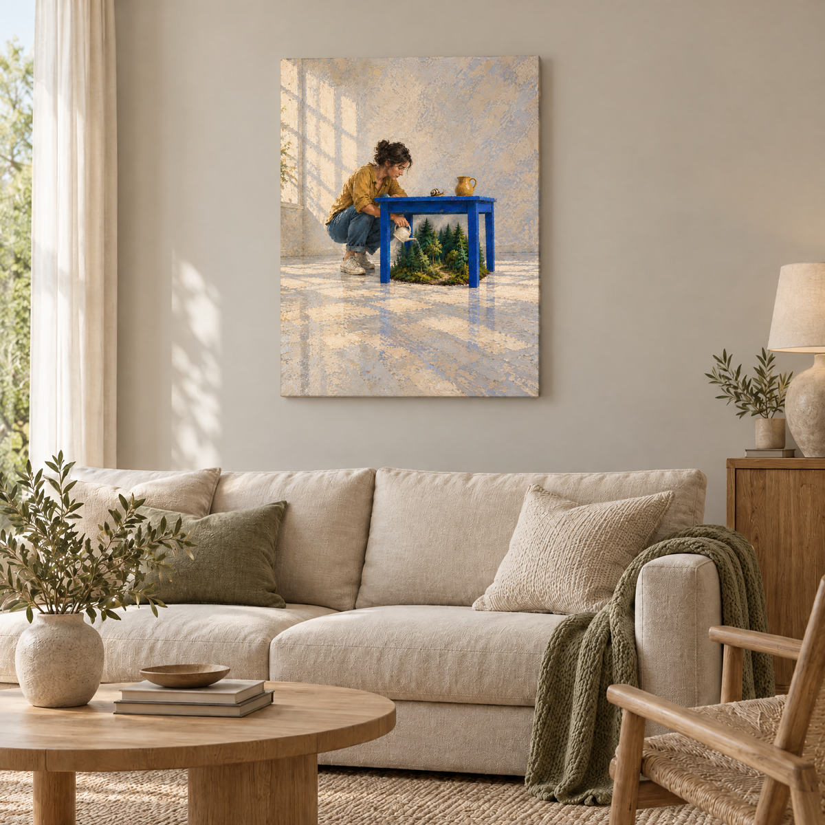 Der Garten unter dem Tisch – Rahmenlose Slim-Leinwand im Wohnzimmer, ohne Weißrand.