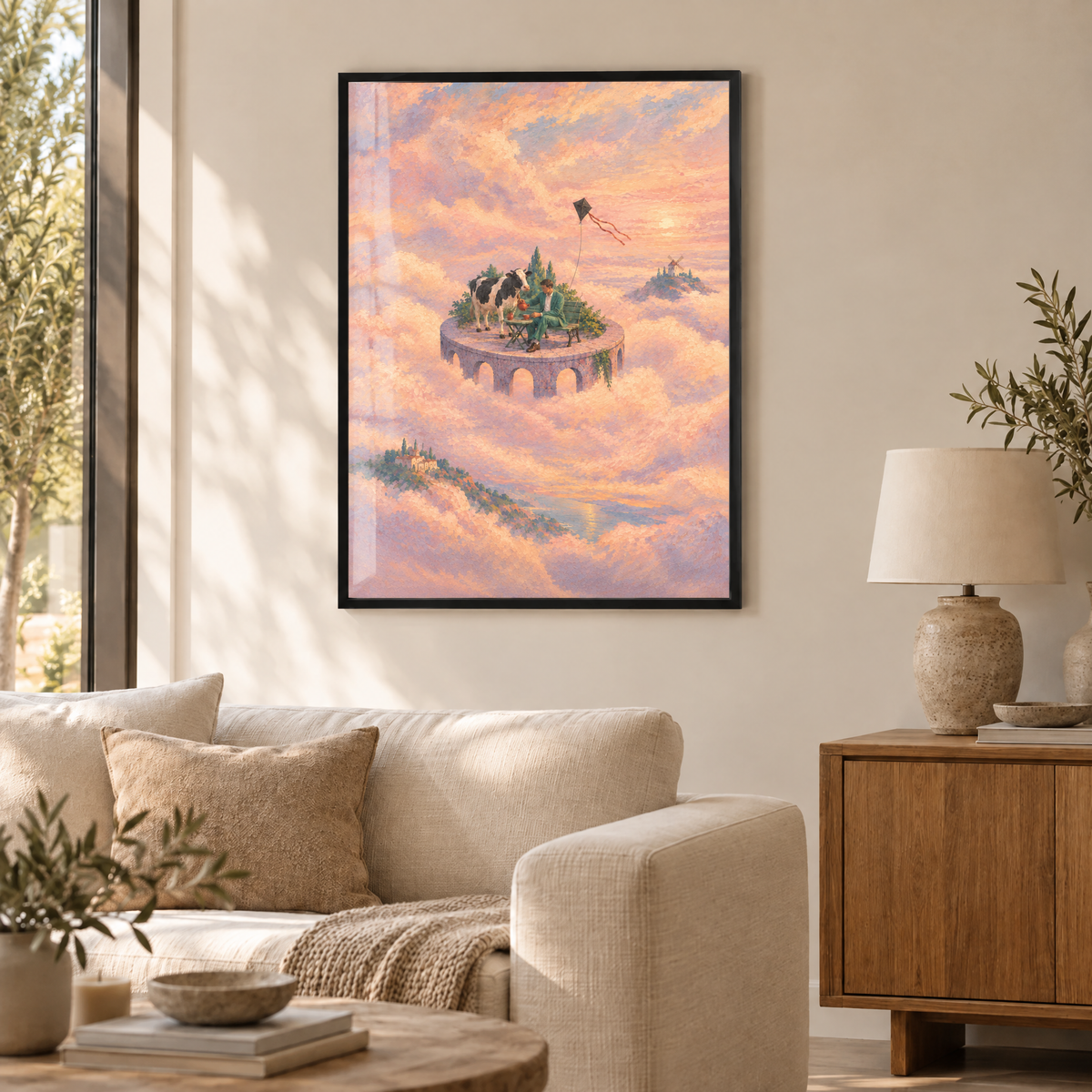 Sonntag auf dem Saturnring – Poster im schwarzen Holzrahmen im Wohnzimmer, ohne Weißrand.