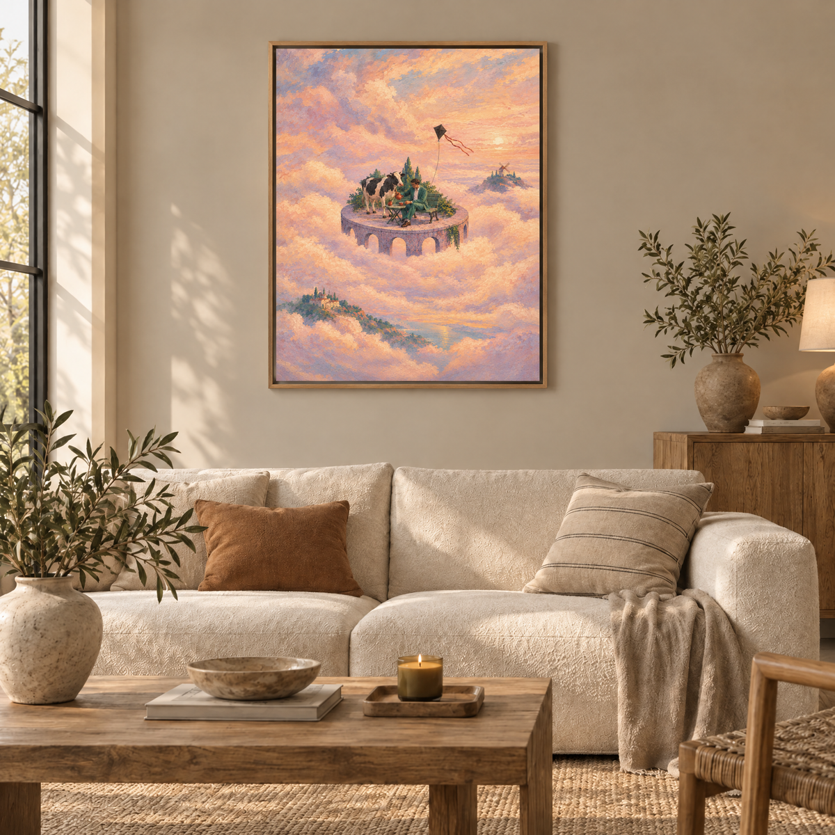 Sonntag auf dem Saturnring – Leinwand im Naturholz-Schattenfugenrahmen im Wohnzimmer, ohne Weißrand.