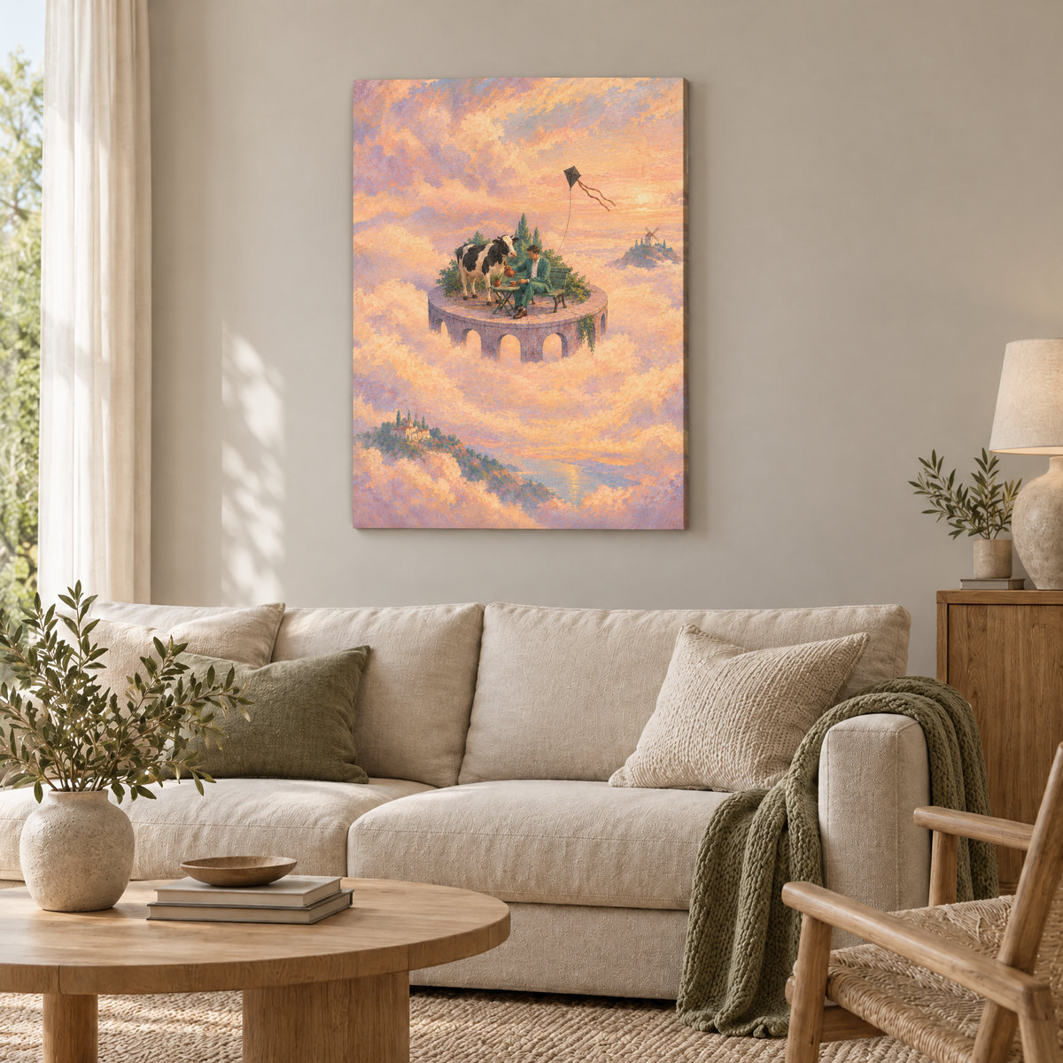 Sonntag auf dem Saturnring – Rahmenlose Slim-Leinwand im Wohnzimmer, ohne Weißrand.