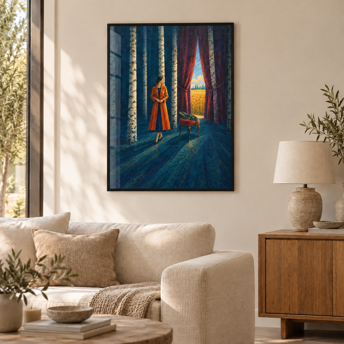 Die Nacht der Birken – Poster im schwarzen Holzrahmen im Wohnzimmer, ohne Weißrand.