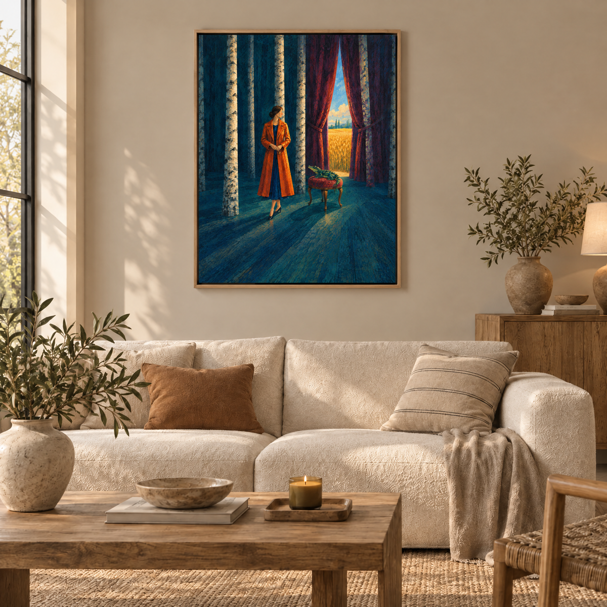 Die Nacht der Birken – Leinwand im Naturholz-Schattenfugenrahmen im Wohnzimmer, ohne Weißrand.