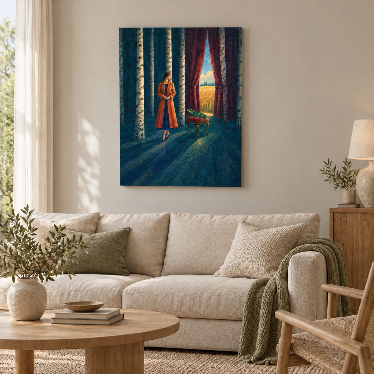 Die Nacht der Birken – Rahmenlose Slim-Leinwand im Wohnzimmer, ohne Weißrand.