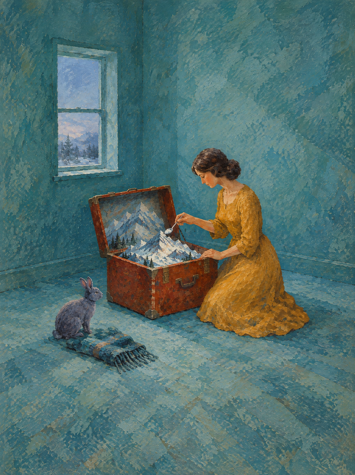 Der Koffer voller Winter – Kunstmotiv ohne Rahmen.