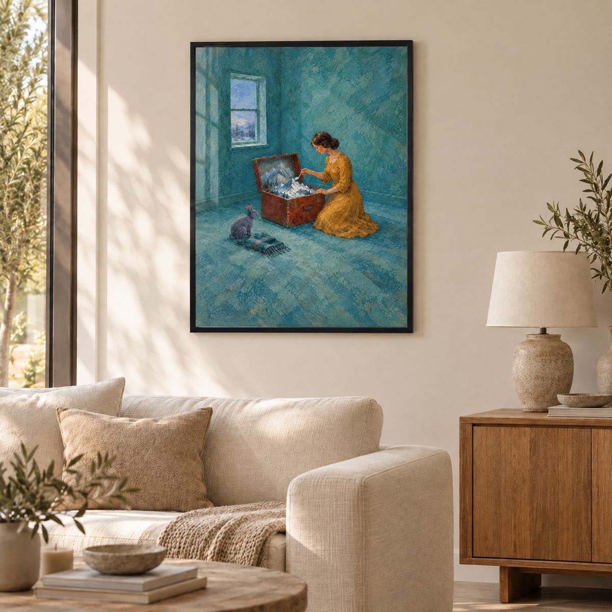 Der Koffer voller Winter – Poster im schwarzen Holzrahmen im Wohnzimmer, ohne Weißrand.