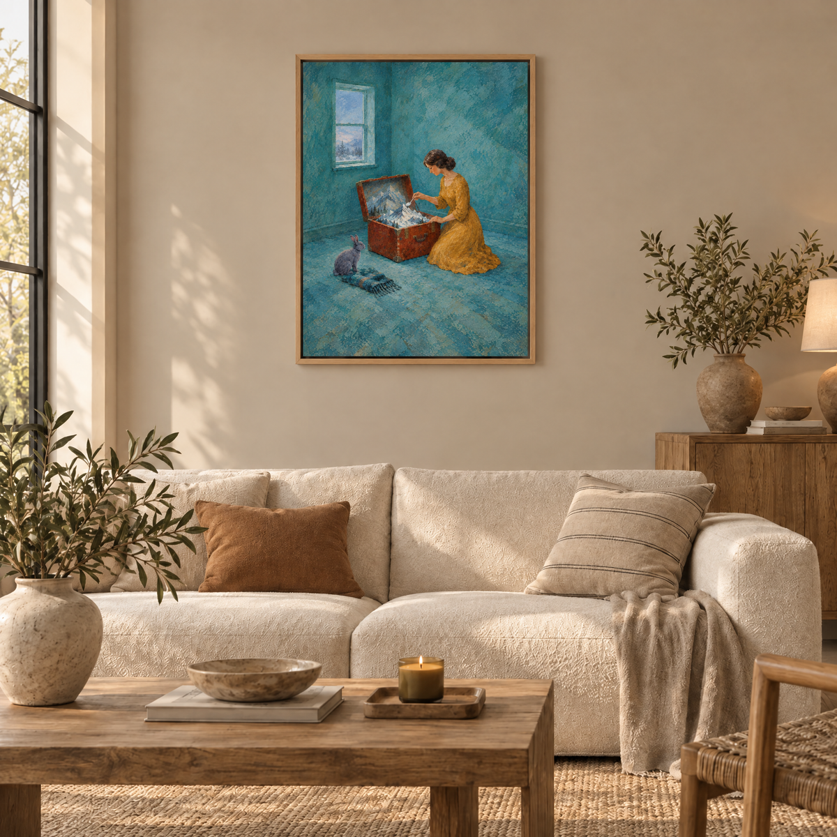 Der Koffer voller Winter – Leinwand im Naturholz-Schattenfugenrahmen im Wohnzimmer, ohne Weißrand.