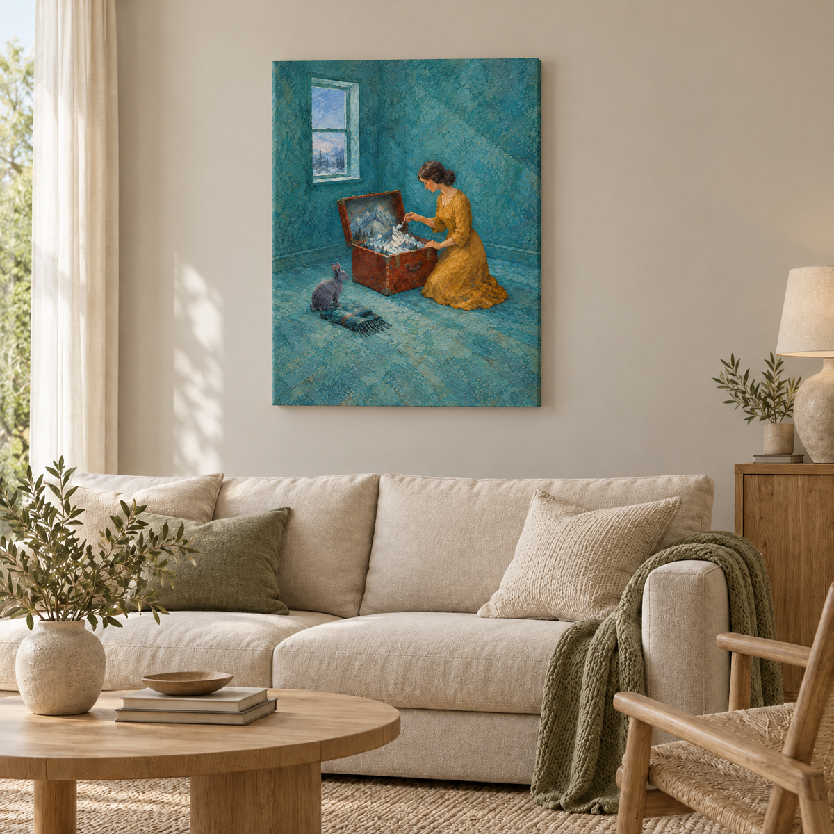 Der Koffer voller Winter – Rahmenlose Slim-Leinwand im Wohnzimmer, ohne Weißrand.