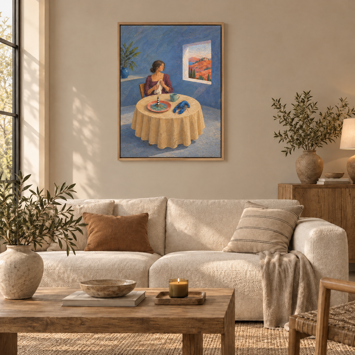 Frühstück mit dem Leuchtturm – Leinwand im Naturholz-Schattenfugenrahmen im Wohnzimmer, ohne Weißrand.