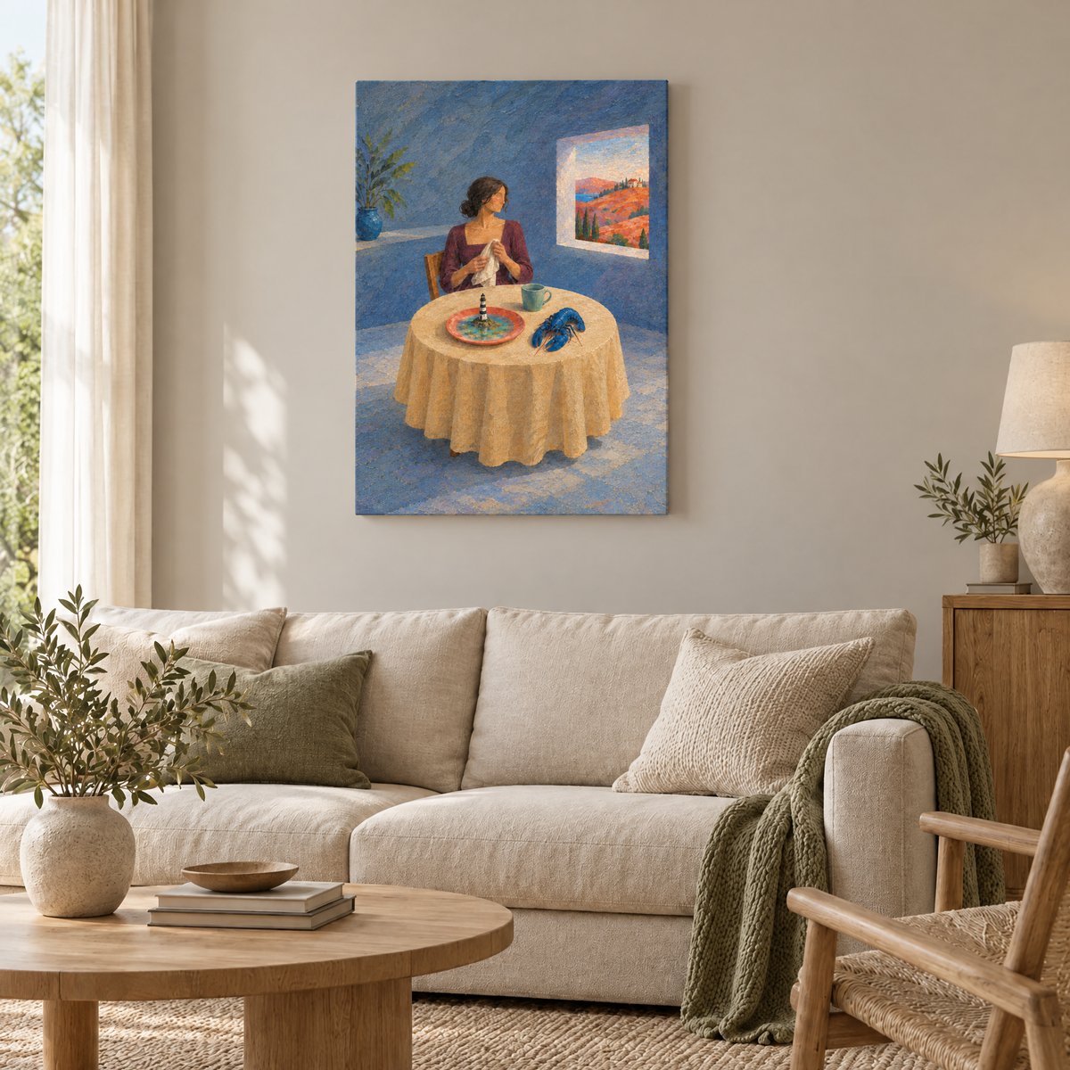 Frühstück mit dem Leuchtturm – Rahmenlose Slim-Leinwand im Wohnzimmer, ohne Weißrand.
