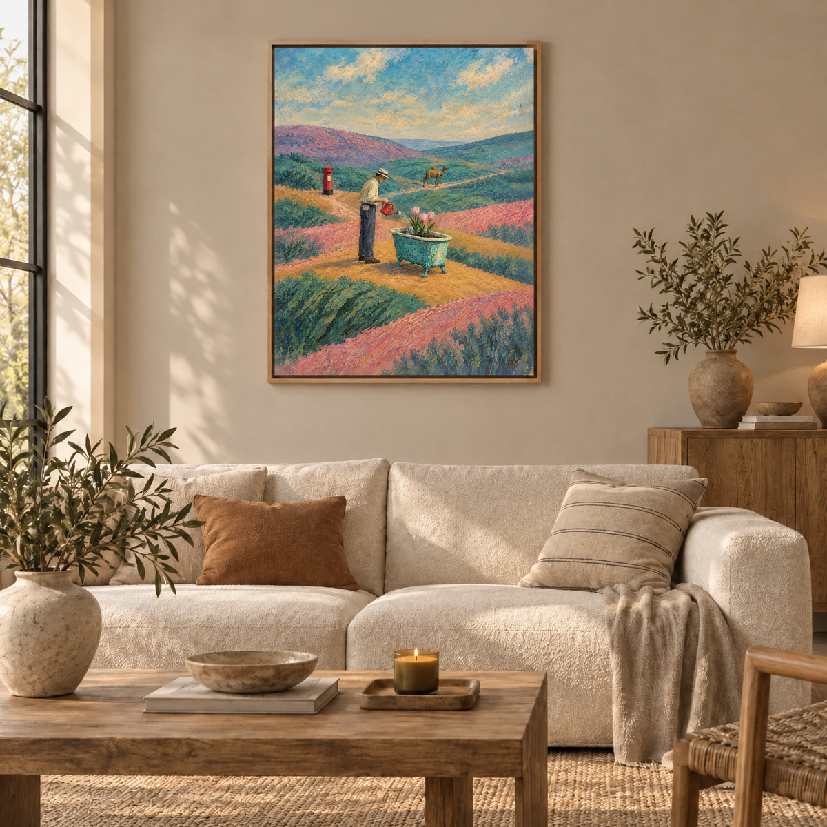 Die Post des Windes – Leinwand im Naturholz-Schattenfugenrahmen im Wohnzimmer, ohne Weißrand.