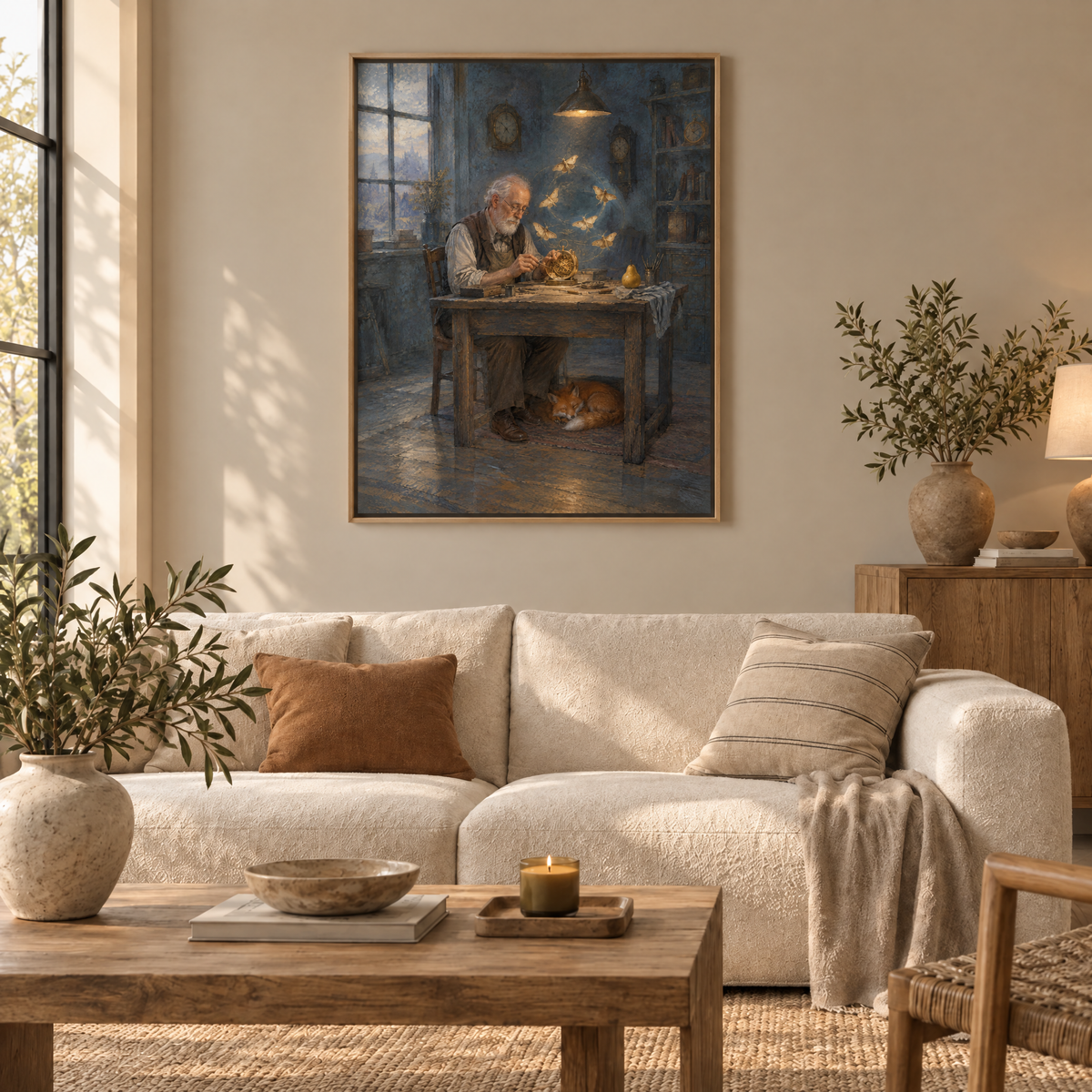 Der Uhrmacher der Falter – Leinwand im Naturholz-Schattenfugenrahmen im Wohnzimmer, ohne Weißrand.